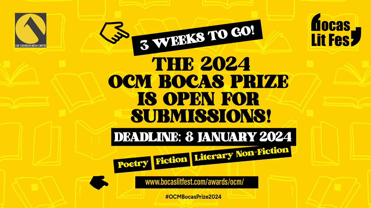 🏆Three weeks left to submit! The 2024 OCM Bocas Prize for Caribbean Literature is open for submissions until 8th Jan, and celebrates books of fiction, poetry, & non-fiction by writers of Caribbean birth/citizenship.
Info at bocaslitfest.com/awards/ocm/
@OCM_Group #OCMBocasPrize2024