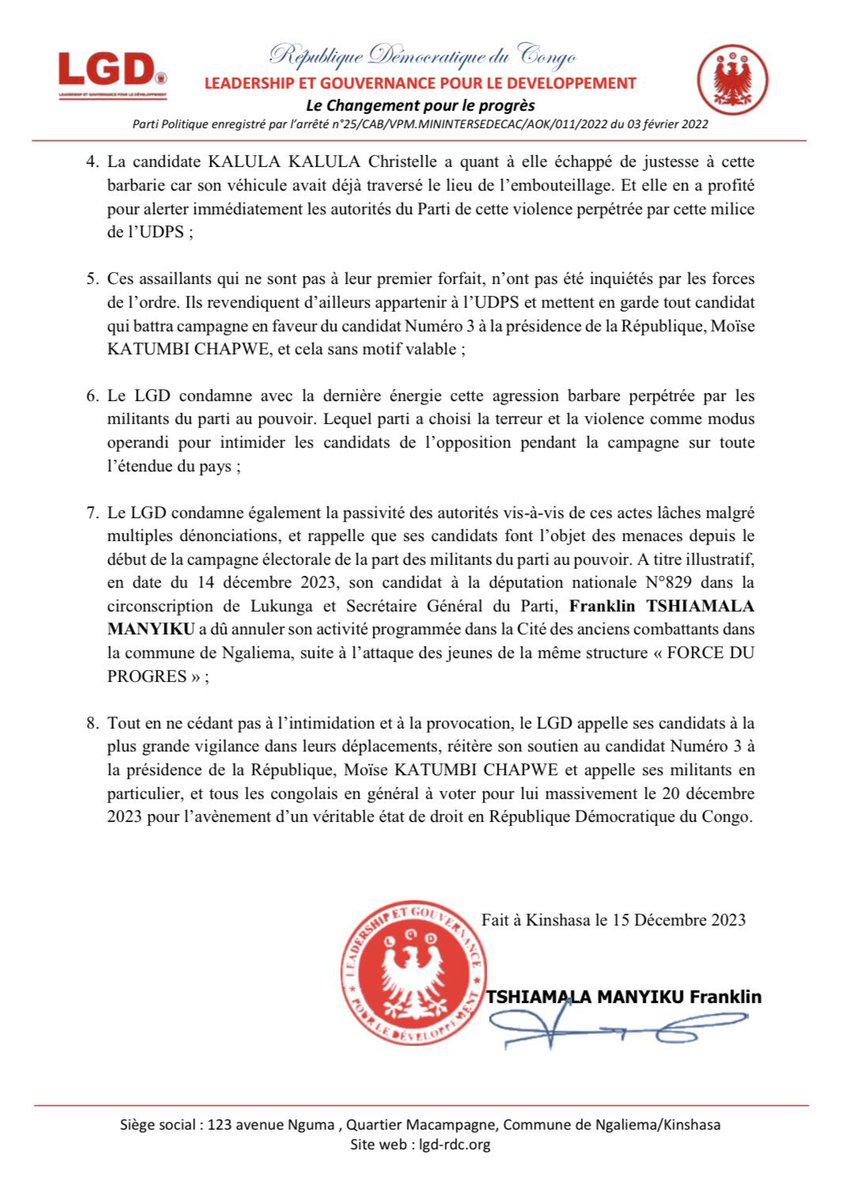 #RDC: 15.12.2023|#Kinshasa
COMMUNIQUE DE PRESSE N°012/LGD/SG/TMF/2023

Le LGD condamne avec la dernière énergie l’agression barbare perpétrée par les militants du parti au pouvoir contre le cortège de la présidente de la ligue des femmes, <a href="/KalulaOfficiel/">Christelle kalula officiel</a>, candidate à la