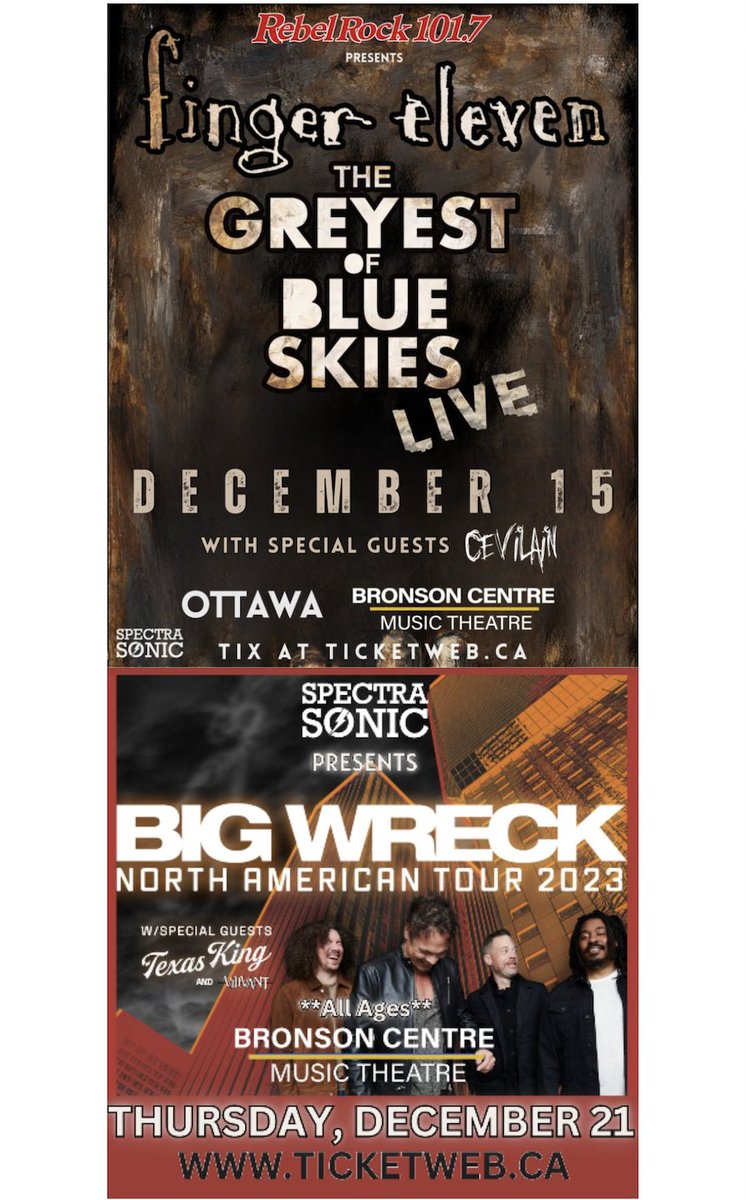 If you're in #Ottawa and looking for something to do within the next week...#FingerEleven is playing the entirety of its "#TheGreyestofBlueSkies" album TONIGHT at the Bronson Centre and then #BigWreck is playing the same venue on Thursday!