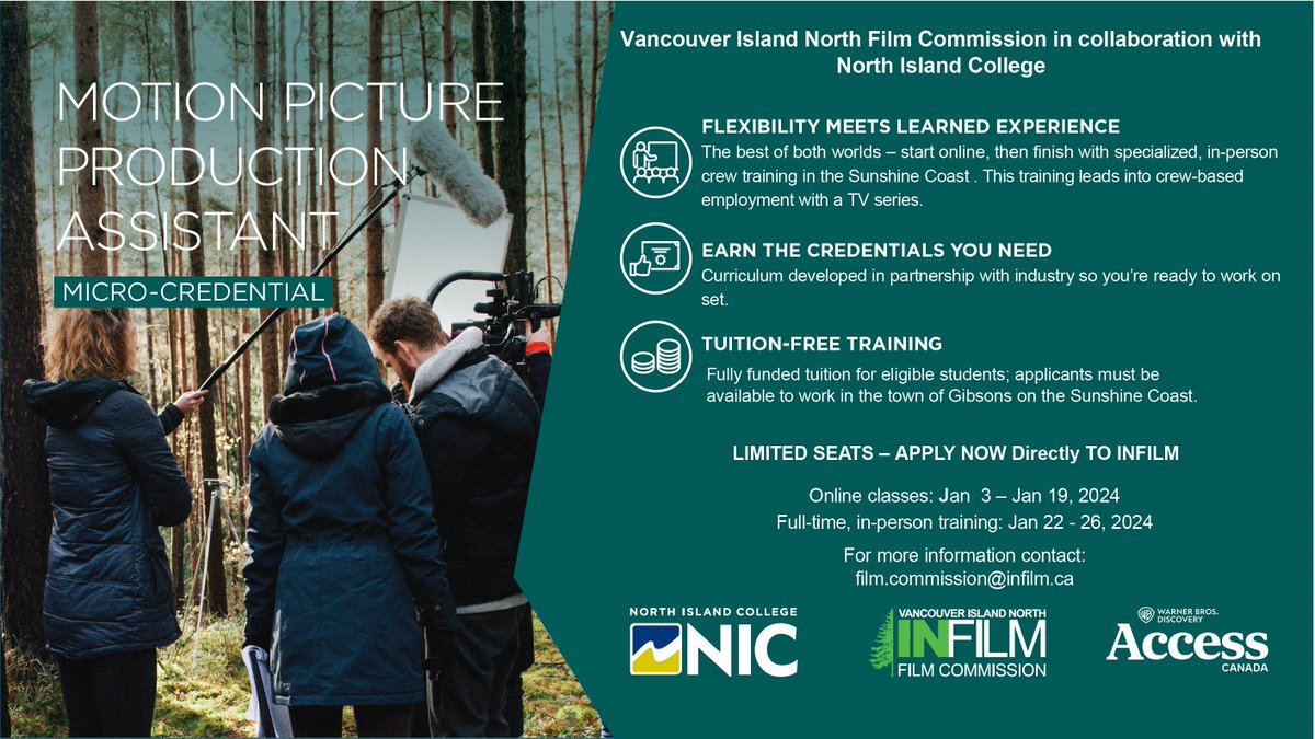 TIME SENSITIVE OPPORTUNITY! Free Motion Picture Production Assistant (PA) training for eligible applicants on the #Schelt #SunshineCoast in Jan '24. Must be available to work on a TV Series in #Gibsons Jan 31 - mid May.