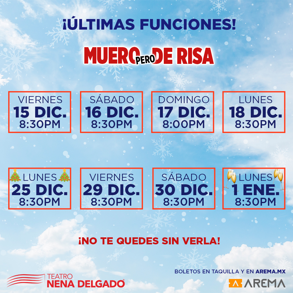 ¡QUEDAN 8 FUNCIONES! - No te quedes sin disfrutar de la divertidísima comedia: "Muero pero de Risa"

🗓 Viernes 15 Dic. ⏰ 8:30pm
🎟 Boletos en taquilla desde las 11:00am y en línea aquí 👇🏼
arema.mx/evento/9698