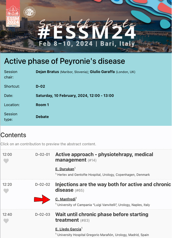 Honored to have been invited to debate the role of #injectiontherapy in the acute phase of #Peyronie's disease at the next congress #ESSM in #Bari! #ESSM24 #SaveTheDate @essm_tweets @jovcorona @MikkelFode @Paolo_Capog