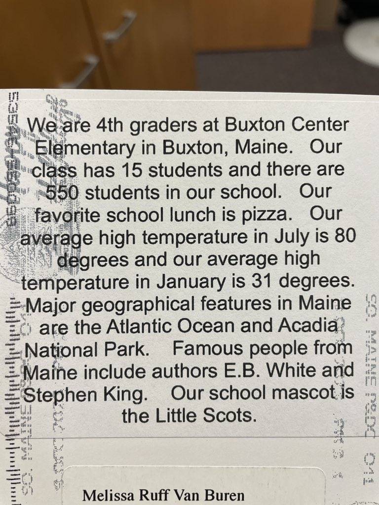 Thank you to the students from Buxton Center Elementary in Buxton, Maine and the students from Yoyogi International school in Tokyo, Japan for the postcards which arrived today! We look forward to learning more about your school and where you live. 
#gpe23_24