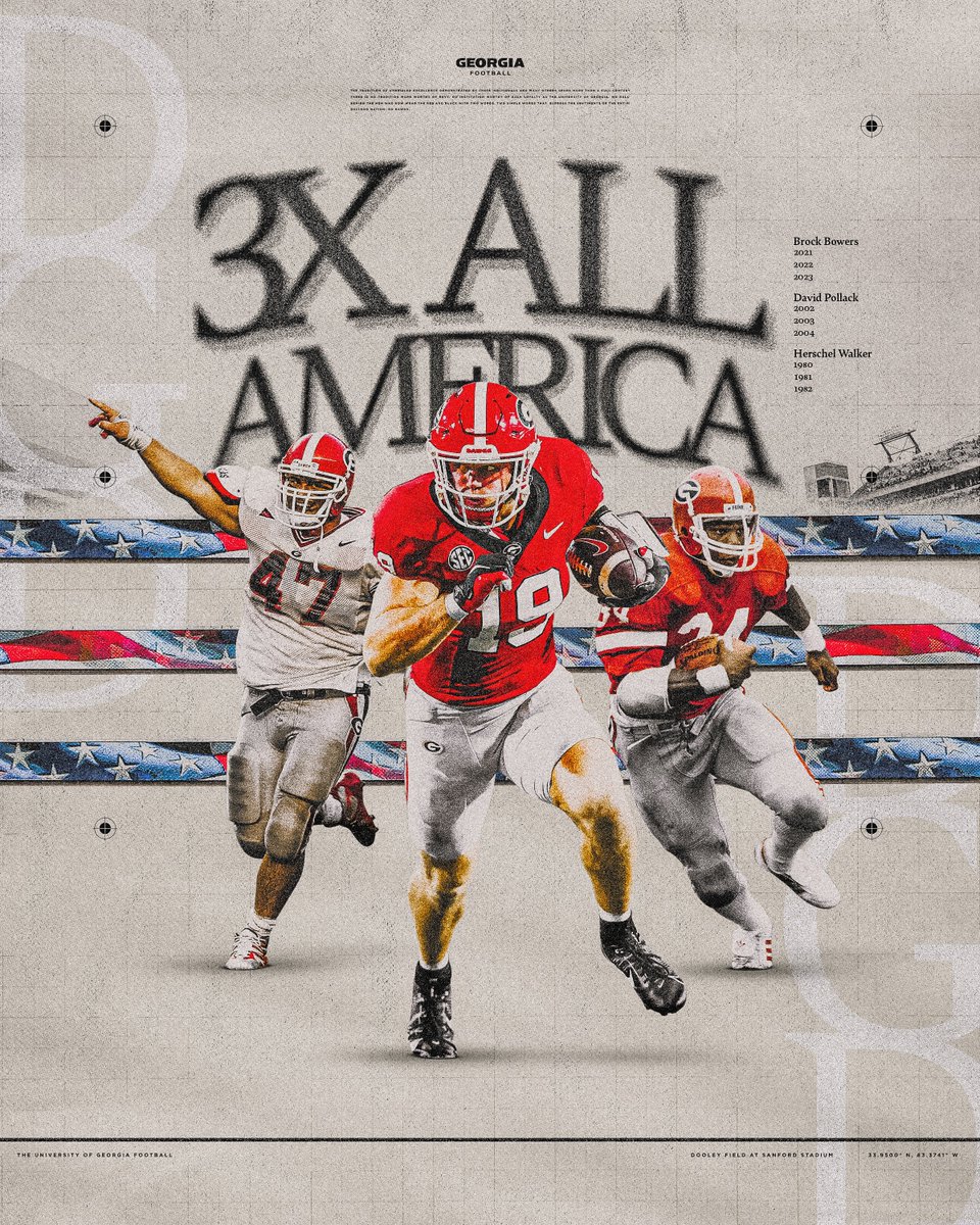 Georgia Football (@georgiafootball) on Twitter photo 𝖗𝖆𝖗𝖊𝖋𝖎𝖊𝖉 𝖆𝖎𝖗 🇺🇸
<a href="/brockbowers17/">Brock Bowers</a> joins David Pollack and Herschel Walker as the only 3x All-Americans in Georgia Football history.
#GoDawgs | #DGD 𝖗𝖆𝖗𝖊𝖋𝖎𝖊𝖉 𝖆𝖎𝖗 🇺🇸
<a href="/brockbowers17/">Brock Bowers</a> joins David Pollack and Herschel Walker as the only 3x All-Americans in Georgia Football history.
#GoDawgs | #DGD
