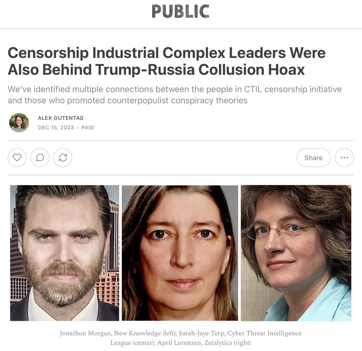 shellenberger's tweet image. Cybersecurity and disinformation experts deny they engaged in censorship, but they did. And now, we have uncovered evidence that the same people who created the Censorship Industrial Complex were behind the Trump-Russia collusion hoax. Blockbuster new report by @galexybrane