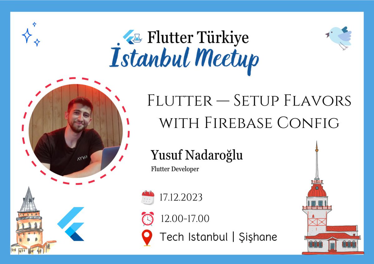 17 Aralık Pazar günü Zemin Istanbul'da gerçekleşecek etkinliğimizde Yusuf Nadaroğlu 'Flutter - Setup Flavors with Firebase Config' sunumu ile bizlerle olacak! 🚀💙 Sen de etkinlikte yer almak için kayıt olmayı unutma 👇 meetup.com/flutter-turkiy… #flutter #firebase