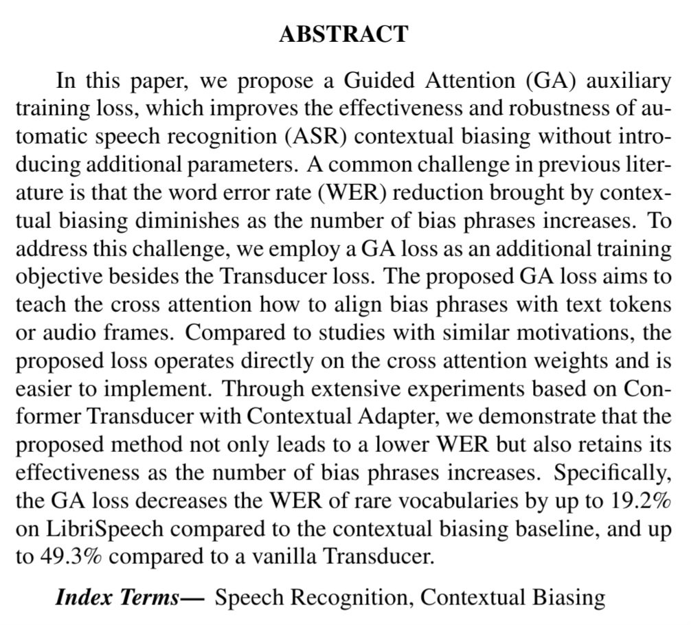 I'm excited to share that our paper has been accepted at #ICASSP2024:

Improving ASR Contextual Biasing with Guided Attention 
Jiyang Tang, Kwangyoun Kim, Suwon Shon, Felix Wu @fw4cs, Prashant Sridhar, Shinji Watanabe @shinjiw_at_cmu 

(Will add an Arxiv link soon :)

(1/3)