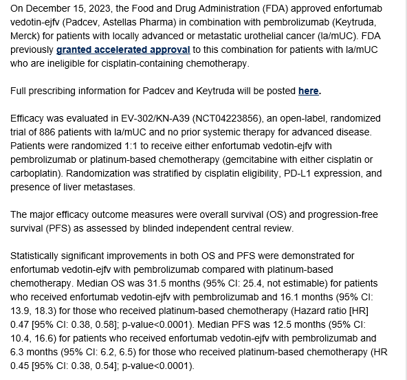 JUST IN and again via @ASCO #FDAAlerts The @FDAOncology approved Enfortumab Vedotin ( EV) in combo with pembrolizumab for metastatic urothelial cancer!! Data based on @tompowles1 #ESMO23 Plenary (EV-302) #StandingOvation @myESMO Great day for Bladder Cancer and our…