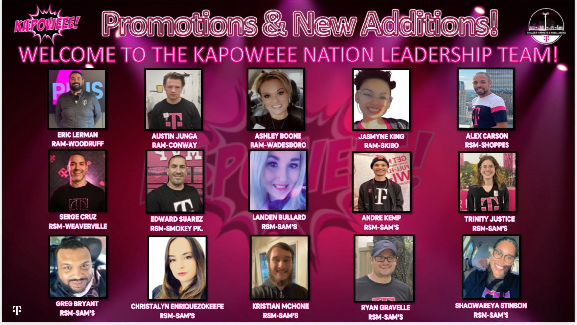 Dennis Jones (@mrdennisjones) on Twitter photo Is SMRA a career rocket ship at <a href="/TMobile/">T-Mobile</a>? You tell me. Here are the leadership promotions to RSM/RAM in #KAPOWEEE Nation in the past 6 weeks alone! Super excited for these incredible leaders and excited to see what they’ll accomplish in their new role! <a href="/ChappyCLT/">Matt Chappell</a> <a href="/JohnStevens_/">John Stevens</a> Is SMRA a career rocket ship at <a href="/TMobile/">T-Mobile</a>? You tell me. Here are the leadership promotions to RSM/RAM in #KAPOWEEE Nation in the past 6 weeks alone! Super excited for these incredible leaders and excited to see what they’ll accomplish in their new role! <a href="/ChappyCLT/">Matt Chappell</a> <a href="/JohnStevens_/">John Stevens</a>