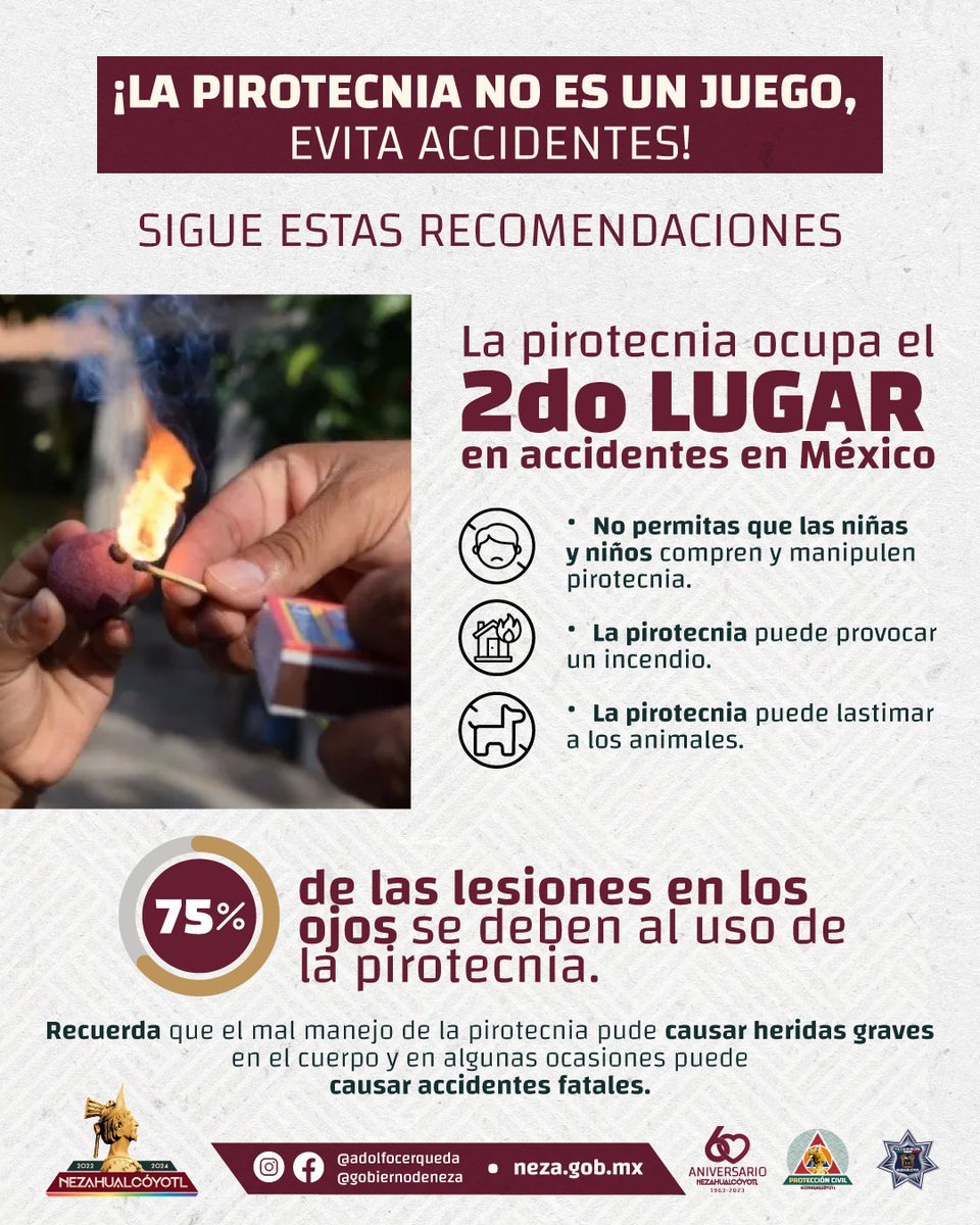 ¡CUIDADO CON la Pirotecnia! 💥🧨
Protege a tu familia, tus mascotas y a ti mismo, JUNTOS, podemos mantener a Nezahualcóyotl seguro y en paz. 👩‍👩‍👧👩‍👩‍👦 #PirotecniaNo #SeguridadNeza #PorAmorANeza #LaProtecciónCivilLaHacemosTodos