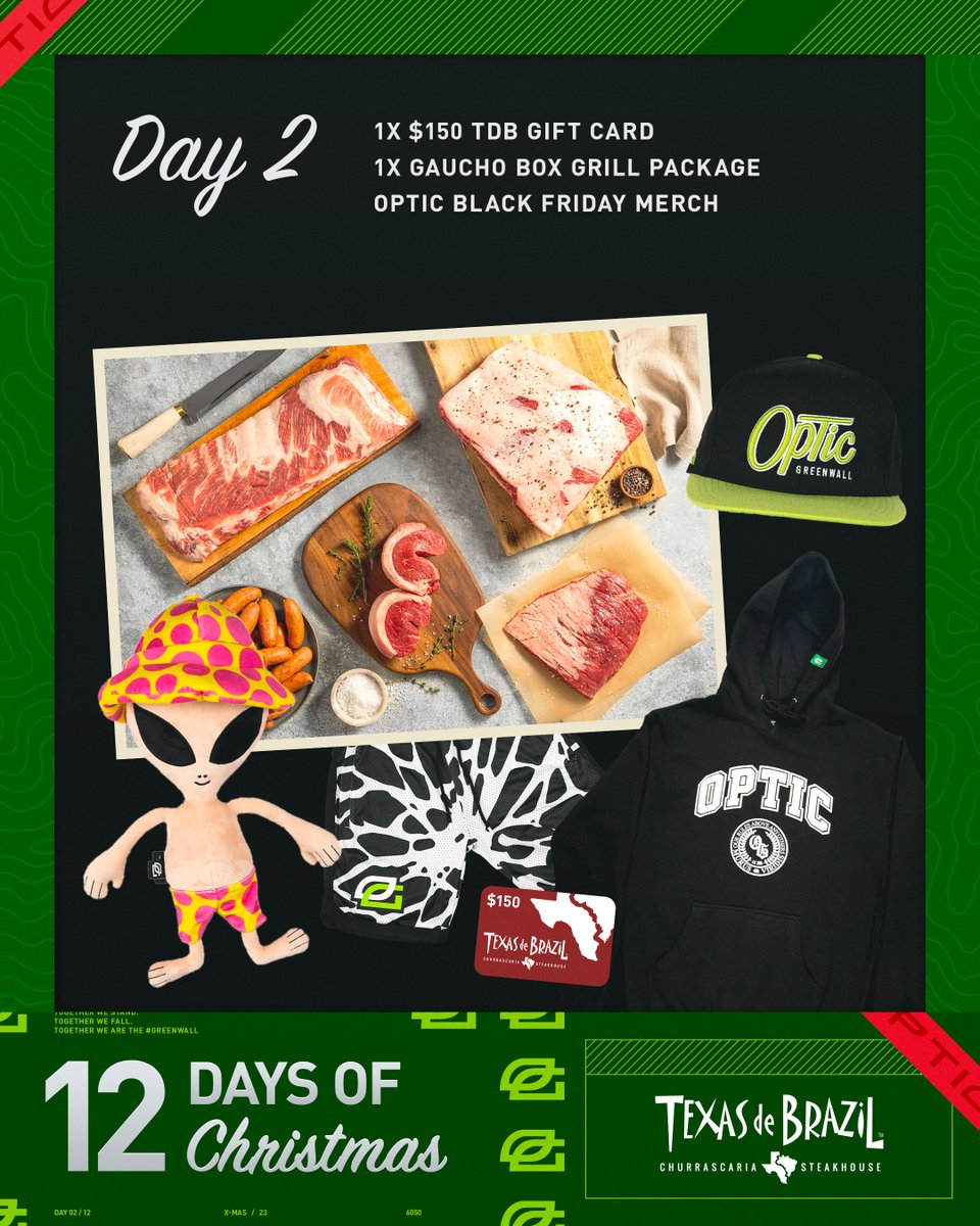 OpTic (@optic) on Twitter photo OpTic 12 Days of Christmas, Day 2. 🎄
Have you been playing on meat (IN COD) recently? Here's your chance to feast on meat w/ <a href="/texasdebrazil/">Texas de Brazil</a>'s $150 gift card & a Gaucho Box Grill Package 😋🥩
We'll also throw in something special from OpTic Black Friday
Like/RT, & tag 2 of OpTic 12 Days of Christmas, Day 2. 🎄
Have you been playing on meat (IN COD) recently? Here's your chance to feast on meat w/ <a href="/texasdebrazil/">Texas de Brazil</a>'s $150 gift card & a Gaucho Box Grill Package 😋🥩
We'll also throw in something special from OpTic Black Friday
Like/RT, & tag 2 of
