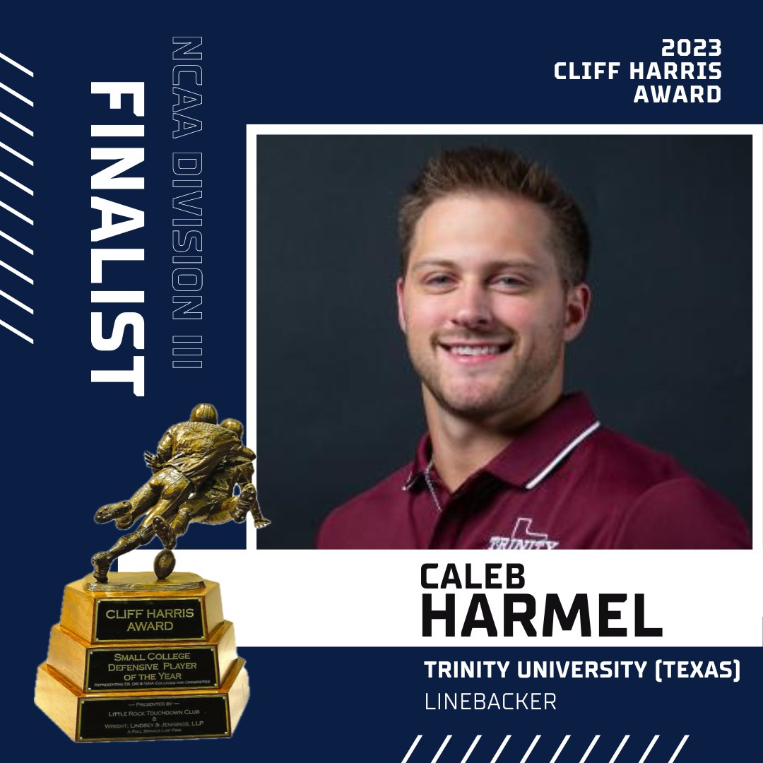 Congratulations to @Trinity_U linebacker Caleb Harmel on being named a finalist for the DIII Cliff Harris Award. The senior from Burton, Texas led the Tigers with 75 tackles and helped the Tigers advance to round two of the @NCAADIII playoffs. @SAA_Sports @d3football @d3sports