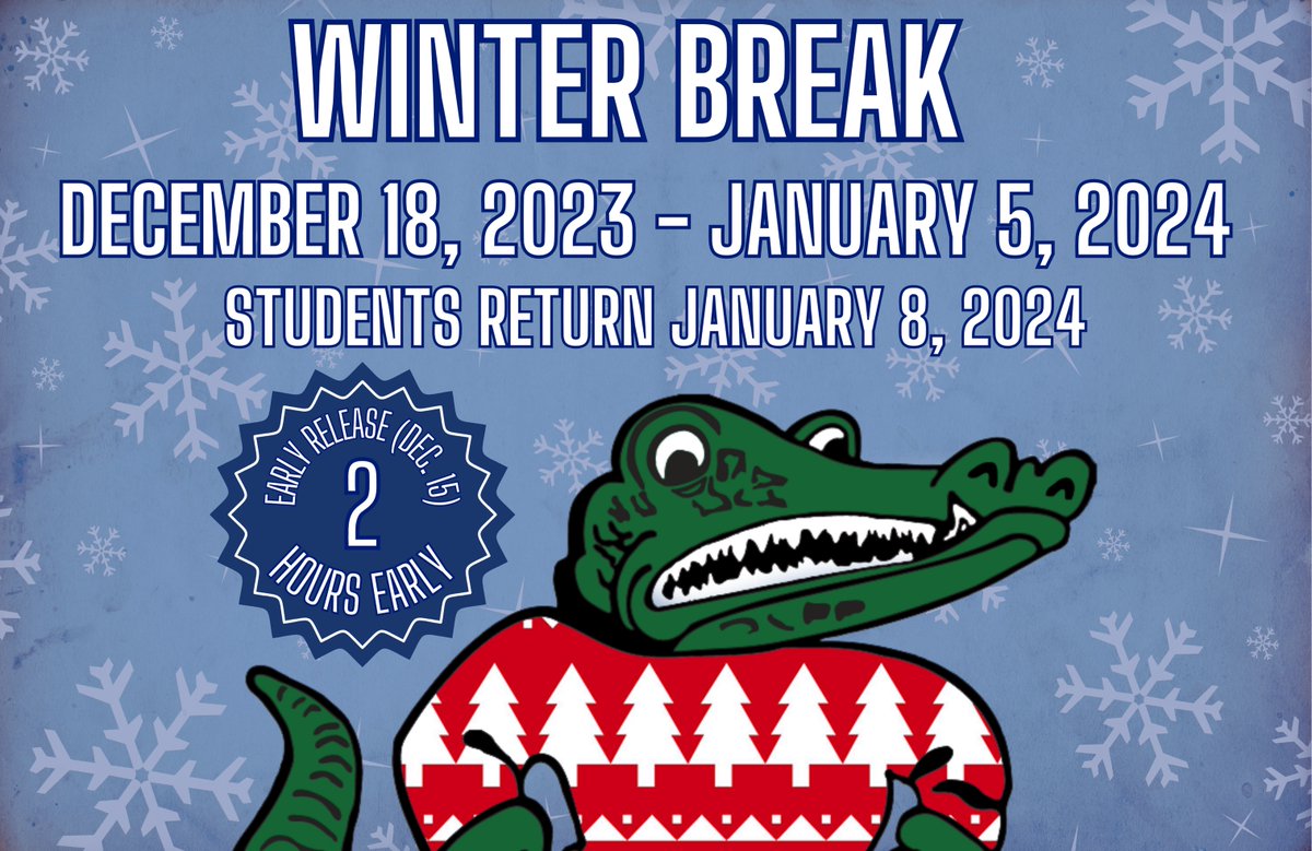 Early Release today, December 15! Winter break is December 18, 2023 - January 5, 2024. There will be a 2-hour early release for all campuses on Friday, December 15. Staff returns on Wednesday, January 3. Students return on Monday, January 8. #TogetherWeSoar