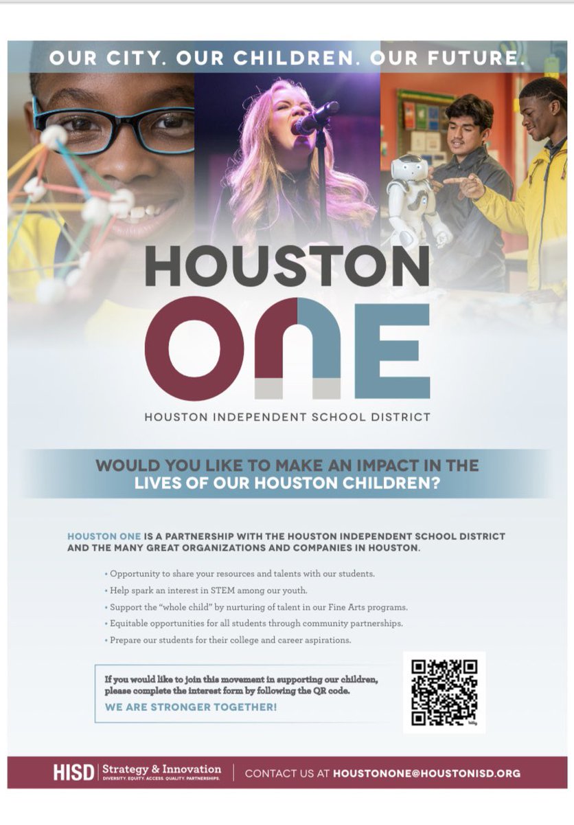 I am excited about this initiative in bringing our community together as ONE to best support our youth! If interested in becoming a part of Houston ONE, please see below.