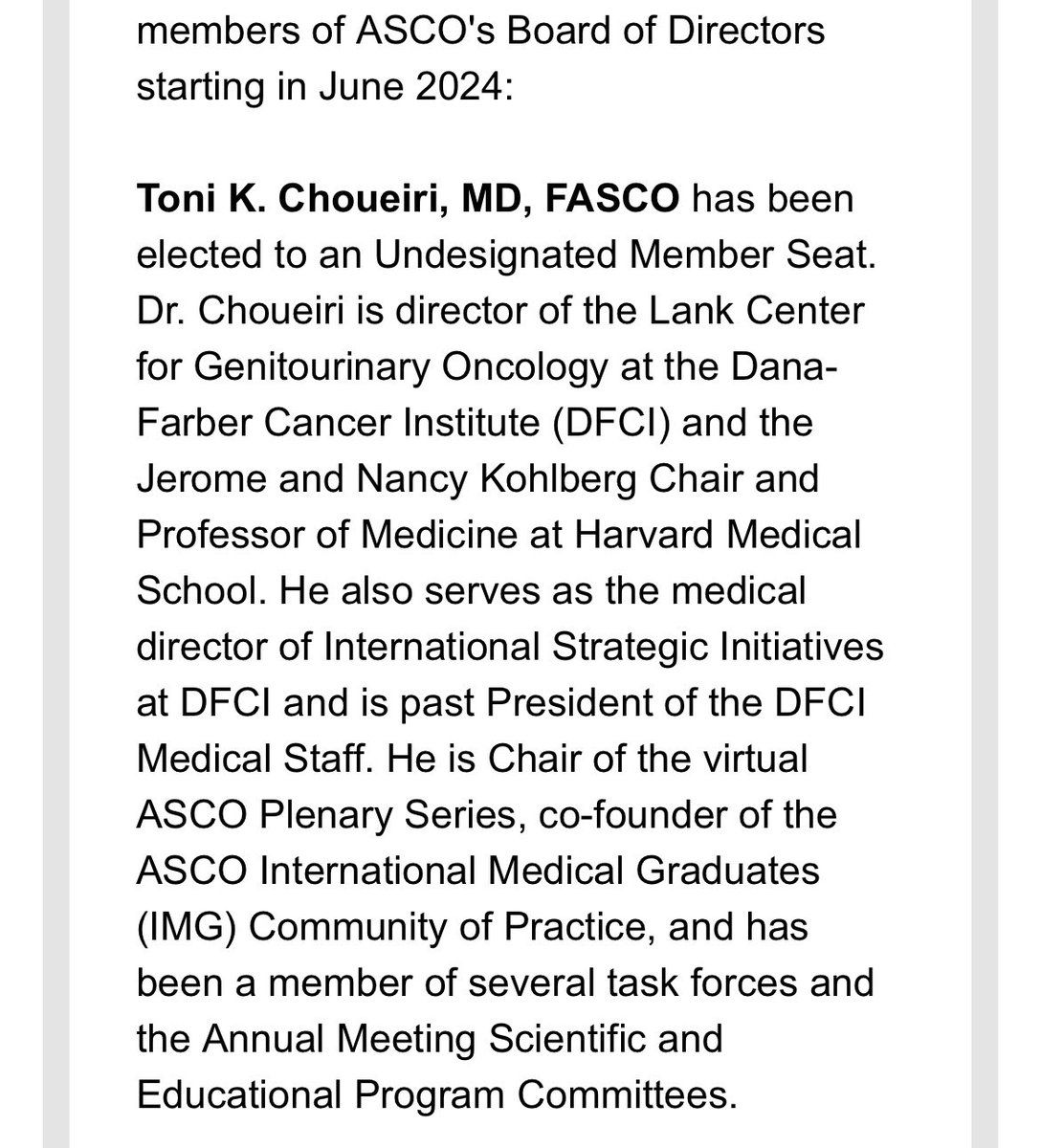 ASCO Election News. Congratulations to @DrChoueiri on election to ASCO board of directors. Will be an important new voice in many regards! 👏👏👏 @ASCO