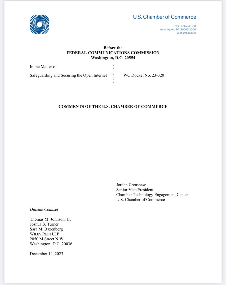jcrenshaw_dc's tweet image. Yesterday, the @USChamber filed comments at the @fcc opposing its latest rulemaking on Title II reclassification of broadband.
The FCC should drop its meritless crusade to treat the internet like a utility. #broadband #technology #titleii hashtag #connectivity