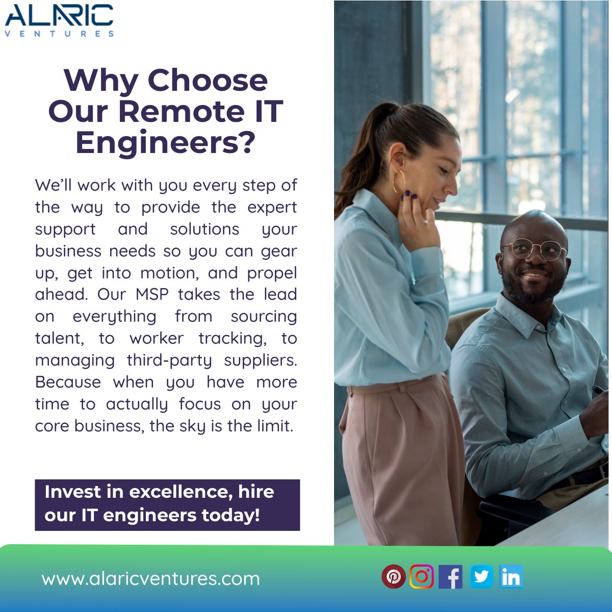 Invest in excellence, hire our IT engineers today!

Visit - alaricventures.com

#mspit #msp #managedserviceprovider #managedit #manageditservice #it #noc #businessgrowth #corporate #certified #itstaffing #managedservices #monitor #soc #network #technology