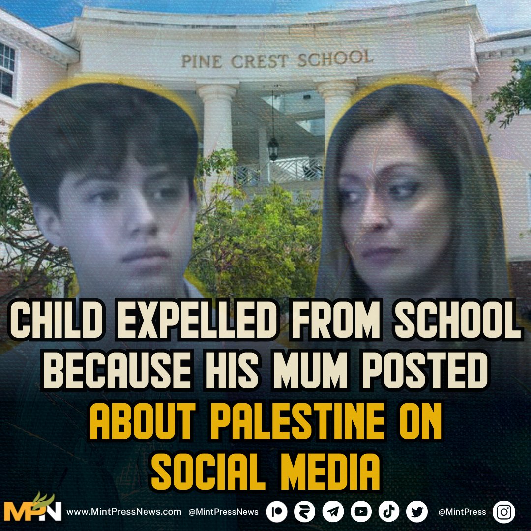 MintPressNews's tweet image. Child expelled from Florida school for social media posts his mother made

Jad Abu Hamda's mother posted about Palestine on social media, which resulted in his expulsion from school.