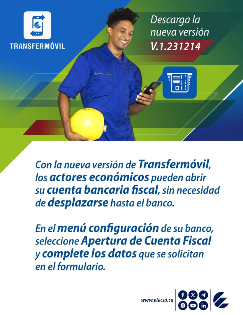 #Transfermóvil, en su nueva versión disponible desde ayer, habilita la opción de gestión de la cuenta bancaria a los trabajadores por cuenta propia; OJO -> la conocida cuenta bancaria fiscal; con esto, vamos directo al grano sin tener que ir al banco.
#EtecsaTeAcompaña