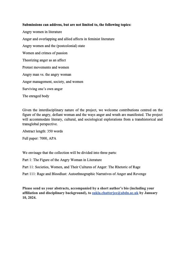 📣Call for Papers!📖✍️

We welcome proposals for an edited volume of essays on the figure of the angry woman in literature and culture. 

We would like this to be a  multidisciplinary, cross-period, cross-cultural collection so please share widely!

Deadline: 10th January 2024
