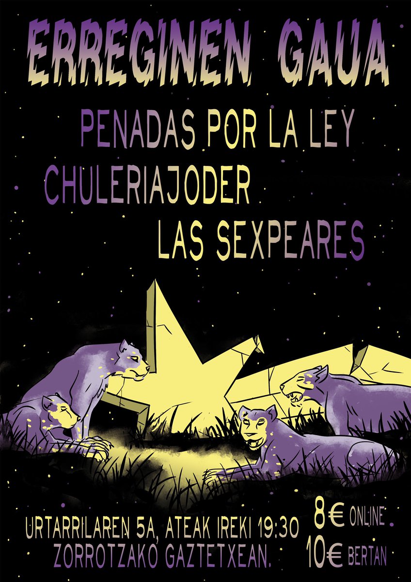 Penadas Por La Ley (@penadasporlaley) on Twitter photo Comenzaremos 2024 rodeadas de Reinas 💜
Os esperamos el 05 de enero en #zorrotzakoGaztetxea
#ChuleriaJoder
<a href="/lassexpeares/">sexpeares 🏳️🌈🏳️⚧️</a>
#PenadasPorLaLey
#GirlsToTheFront #Punk #Concierto #PunkRock Comenzaremos 2024 rodeadas de Reinas 💜
Os esperamos el 05 de enero en #zorrotzakoGaztetxea
#ChuleriaJoder
<a href="/lassexpeares/">sexpeares 🏳️🌈🏳️⚧️</a>
#PenadasPorLaLey
#GirlsToTheFront #Punk #Concierto #PunkRock