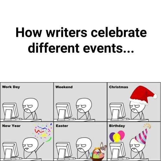 We've made it past the holidays but we feel like this is pretty accurate. If you've been working hard on your project, take a break this weekend and enjoy! You deserve it! #writingmemes #writingfunny #writerscommunity