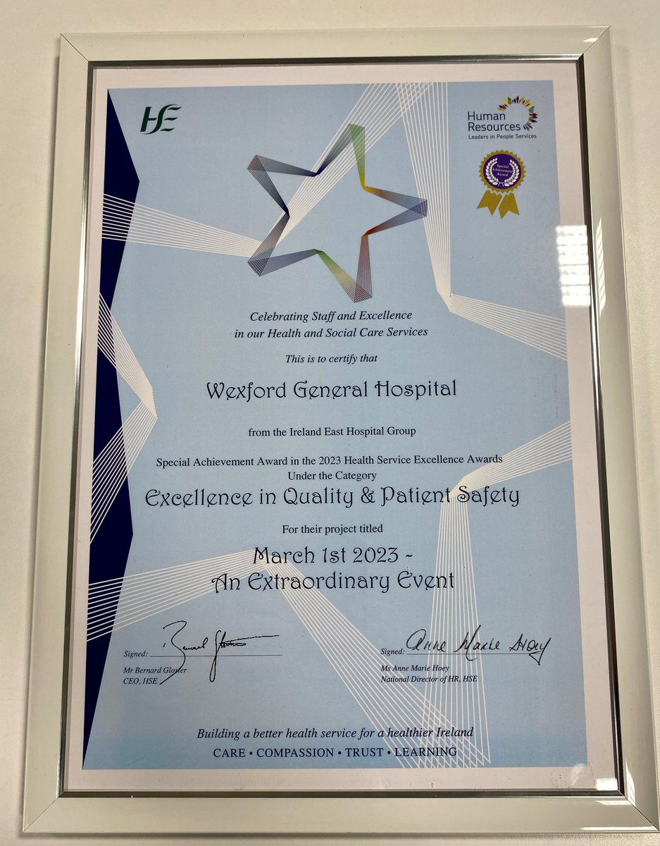Special Recognition Award - National HSE Excellence Awards 2023 on behalf of the Staff of <a href="/WexGenHosp/">Wexford General Hospital</a>.

National recognition for our response to the most challenging situation in the history of <a href="/WexGenHosp/">Wexford General Hospital</a>  is appreciated.