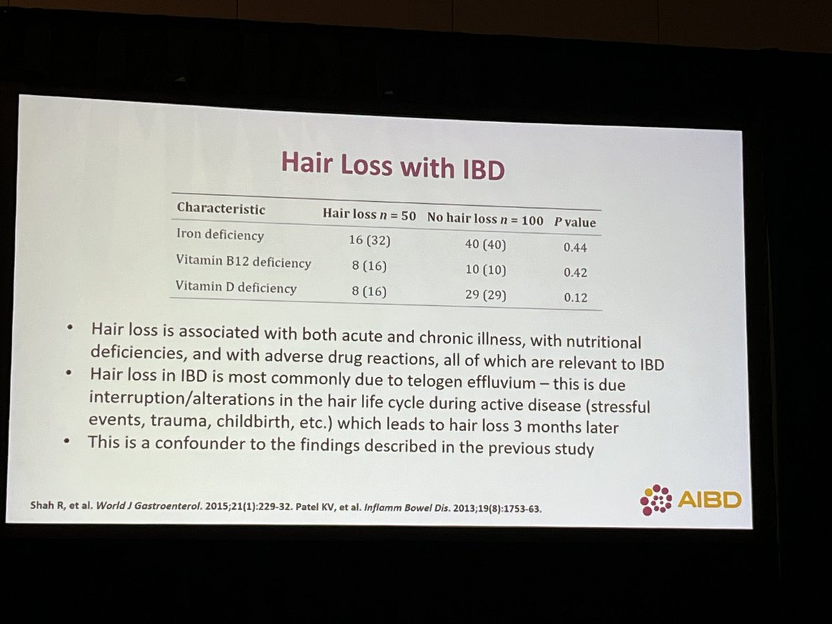 SimonHongMD's tweet photo. Addressing an often confounding question: why am I losing hair on IBD therapy? 😥

Likely to be telogen effluvium, hair loss related to metabolic stress, which usually resolves with time, so if treatment working for IBD try to stick with it! @IBDConference #AIBD2023 https://t.co/deq6VNmuFI