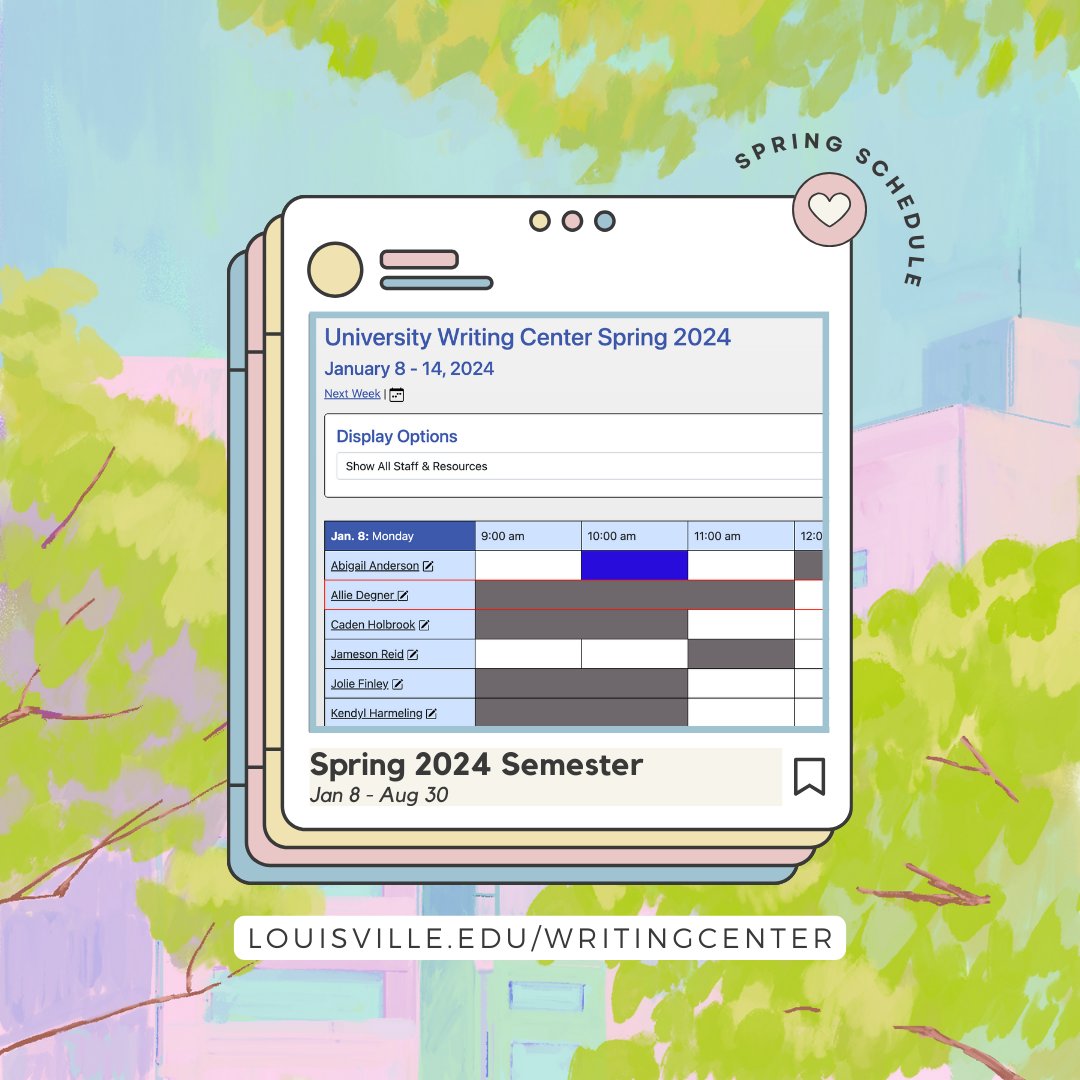 Our spring schedules are now LIVE! Want to save your spot for next semester? Visit louisville.edu/writingcenter to schedule your appointment!

#universityoflouisville #uoflwritingcenter