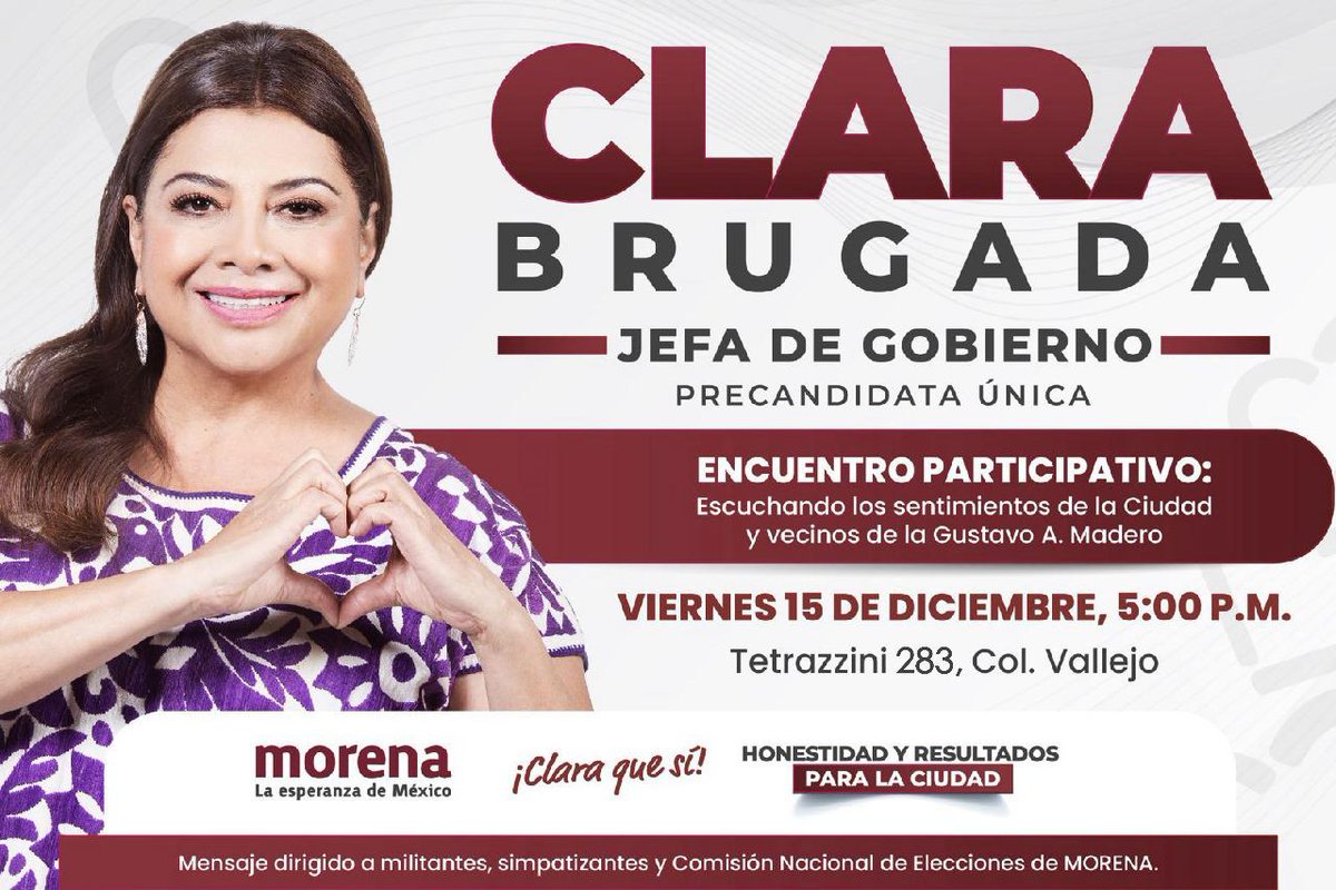 judithbarrios_'s tweet photo. Acompáñanos al Encuentro Participativo con Clara Brugada Precandidata única por la Jefatura de Gobiendo en la CDMX.
Tetrazzini 283 Col. Vallejo
¡No faltes!
@ClaraBrugadaM
#EllaEsJudith #JudithBa #ClaraQueSí #SentimientosDeLaCiudad #Tiempodemujeres #Distrito2Federal #Morena #CDMX https://t.co/qk4katr707