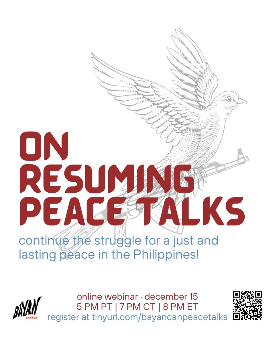 TONIGHT: On Resuming Peace Talks An Online Webinar with @natoreyes by BAYAN Canada and Anakbayan Canada December 15th, 2023 via Zoom 5pm PT | 7pm CT | 8pm ET Register thru: tinyurl.com/bayancanpeacet…
