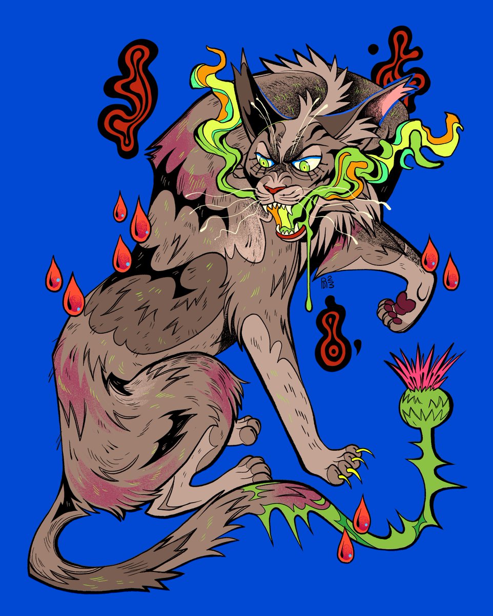 no humans blue background fire animalization cat green eyes open mouth  illustration images