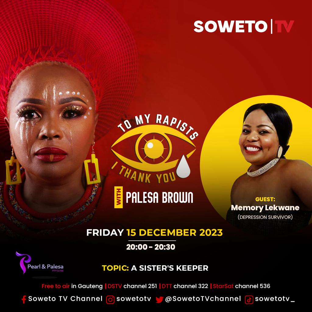 This week on To My Rapists, I Thank You, our host, Palesa Brown chats with @Memorylekwane who is a depression survivor, as she shares her story and life's journey with us. 📍📺 Do not miss it, it is at 20:00 tonight on Soweto TV, Channel 251!