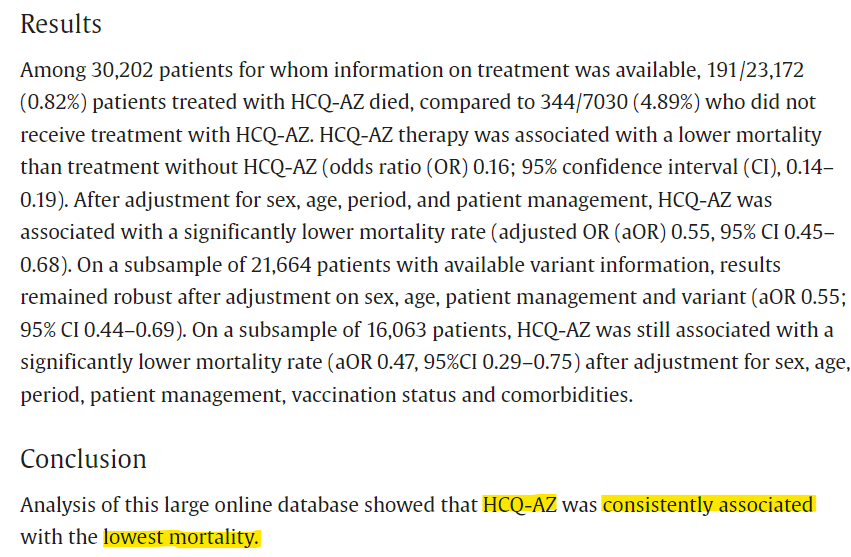 xazalbert's tweet image. Conclusion : 
L&apos;analyse de cette grande base de données en ligne a montré que HCQ-AZ était systématiquement associé à la mortalité la plus faible.