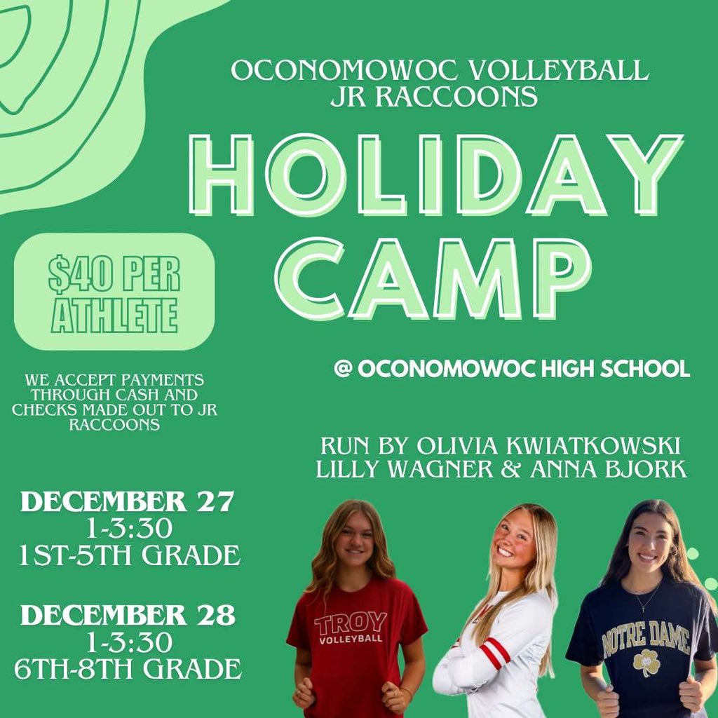 Sign up now for our Jr Raccoons holiday camp run by Olivia Kwiatkowski, Lilly Wagner, and Anna Bjork! All funds go to supporting their club team, Milwaukee Sting 18 Gold, on their trip to play in Europe this spring!!
fill out this form to sign up: gforms.app/r/UtnwvBf