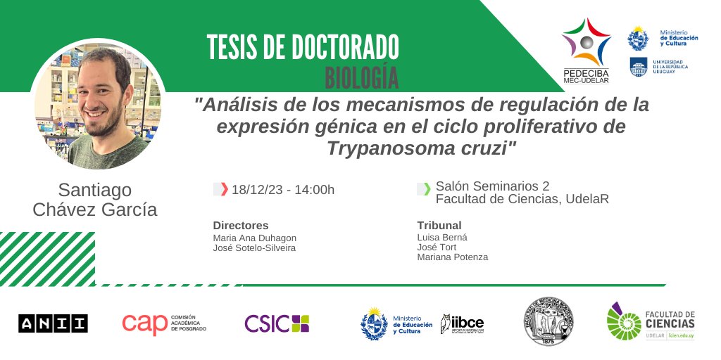 "Análisis de los mecanismos de regulación de la expresión génica en el ciclo proliferativo de Trypanosoma cruzi"

Defensa de #Doctorado del #EstudiantePEDECIBA Santiago Chávez García

18/12 -

#SomosPEDECIBA
#ConstruyendoCiencia

 +info
pedeciba.edu.uy/es/defensa/ana…