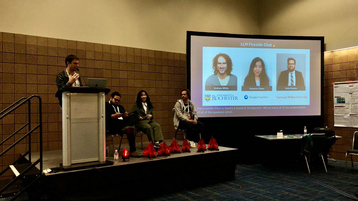 Can LLMs generate new hypotheses in materials sciences? LLM fireside chat 🔥 with @andrewwhite01 @gabepgomes Gowoon Cheon. #NeurIPS23