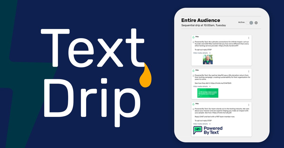Text Drip is a great tool to increase engagement between you and your audience. And you can use MMS in your drips now🤩. Learn more about this feature available in our suite of PBT automations. poweredbytext.com/features/autom…