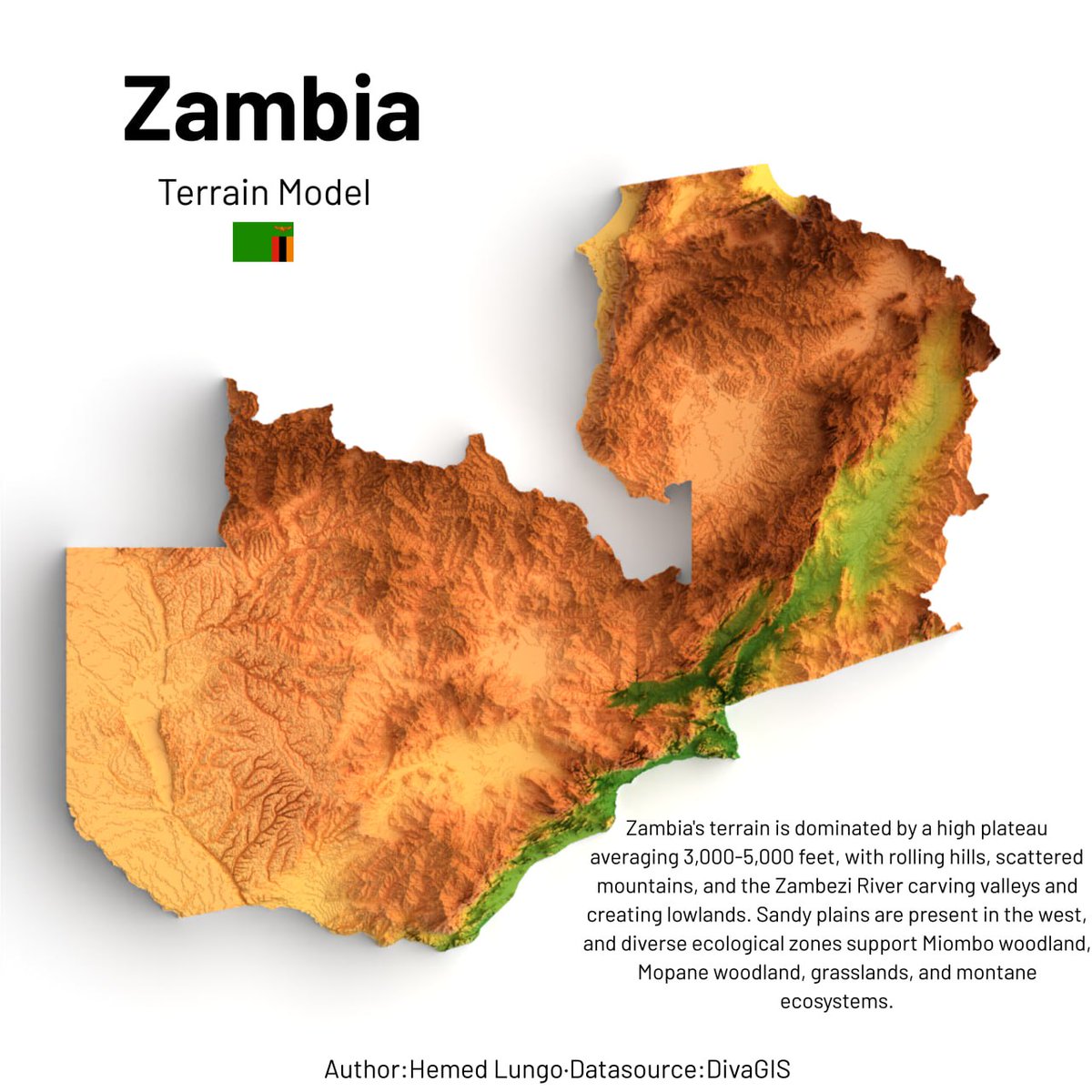 A Map🗺️ showing Terrain Model of Zambia 🇿🇲 Dataset from DIVA GIS #geospatial #gischat #Zambia #Africa #render #qgis #blender #b3d