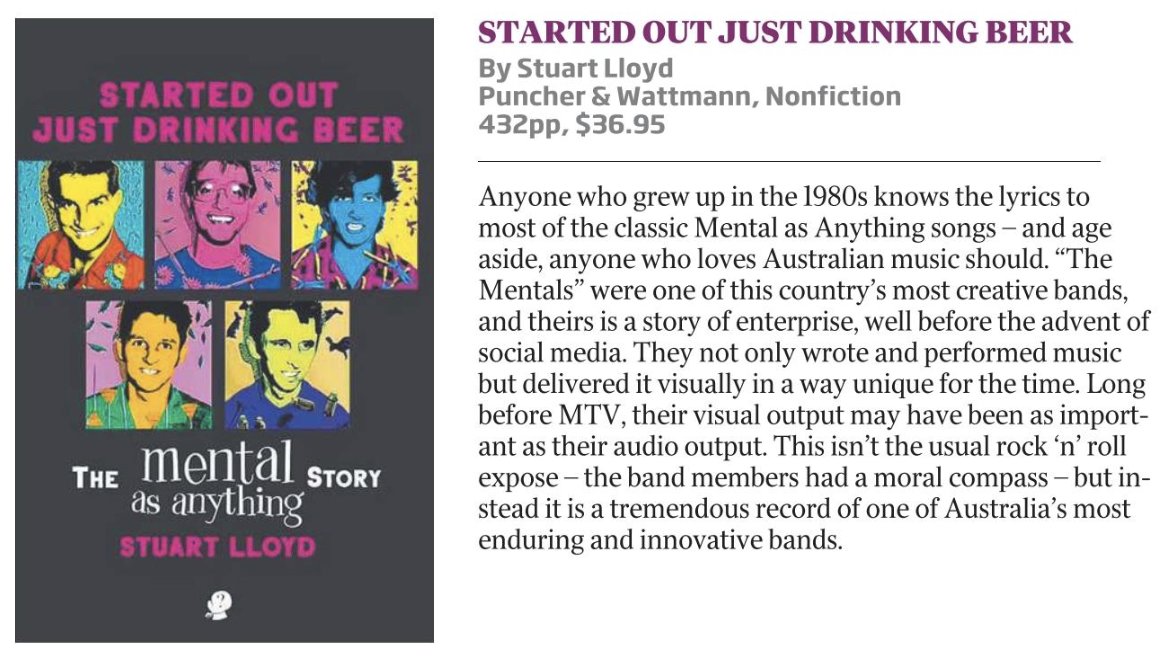 Thanks <a href="/CherylAkle/">Cheryl Akle</a> at <a href="/australian/">The Australian</a> for nailing the essence of what I was trying to get across with my <a href="/mentalsofficial/">Mental As Anything</a> biography. Please tag anyone you went to watch the Mentals with, so they can enjoy this summer read. Cheers! 

#80s #80smusic #NewRelease #AusMusic <a href="/regmombassa/">Reg Mombassa</a>