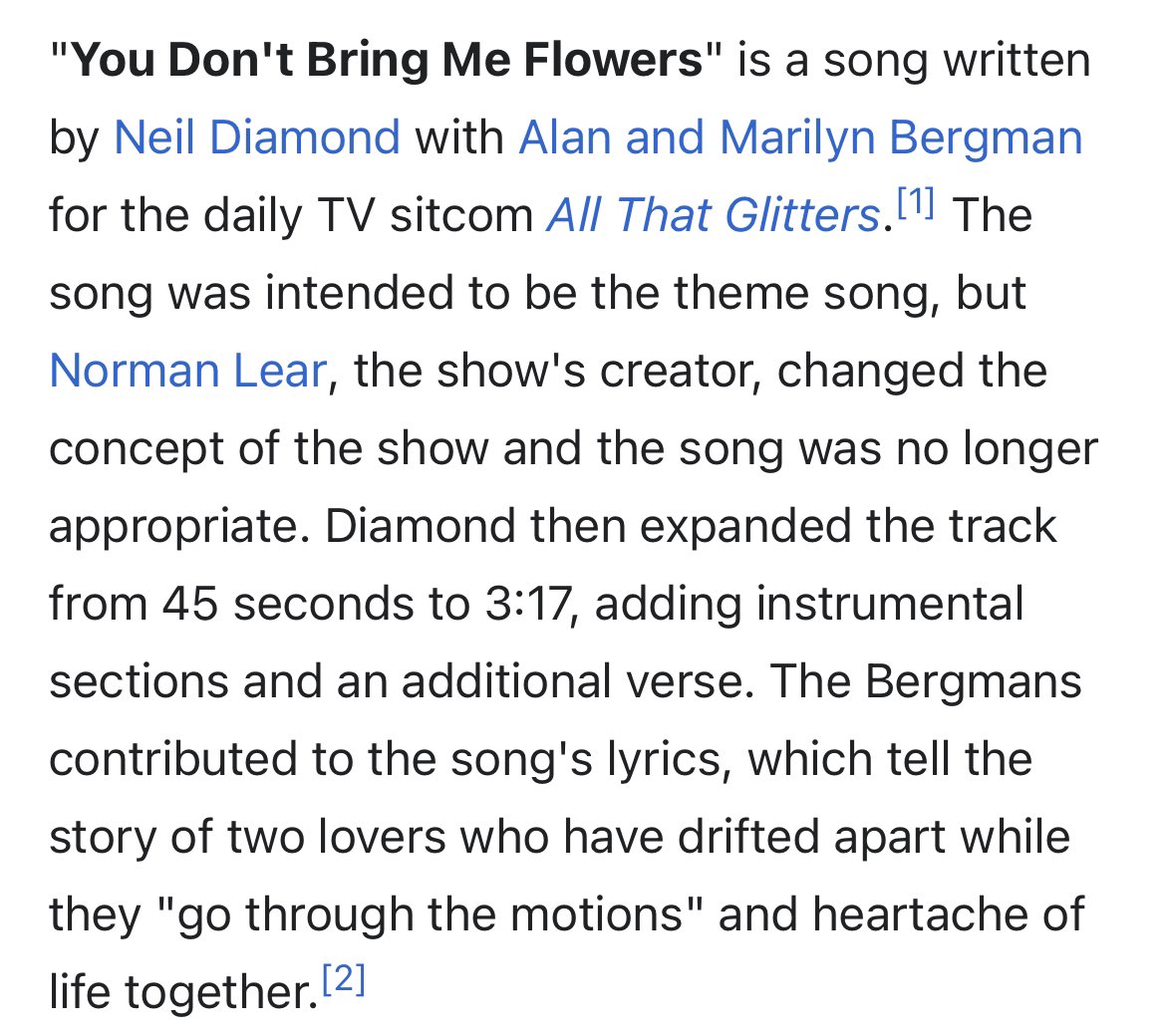 Was thinking You Don’t Bring Me Flowers came from a stage musical, but it turns out it started as a theme tune for a sitcom #totp