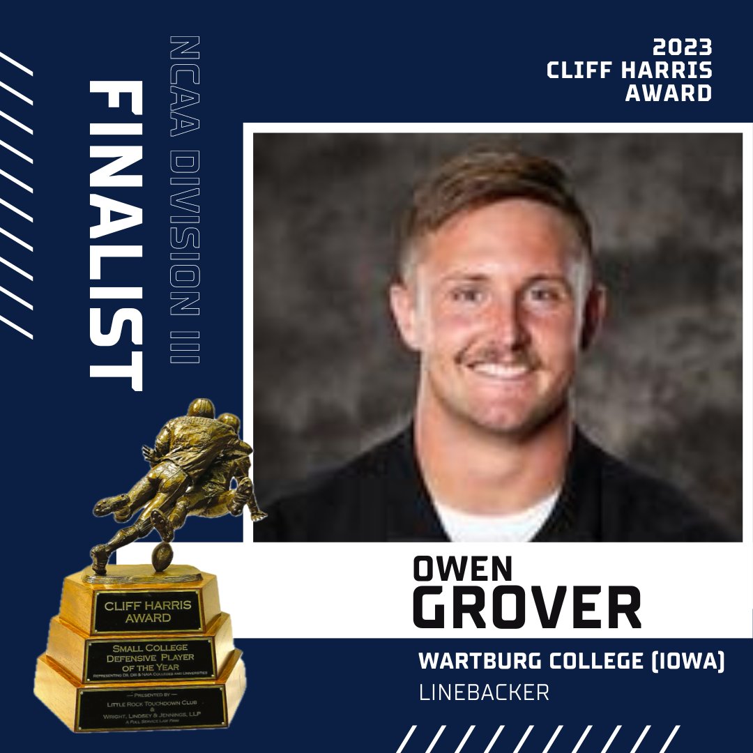 Congratulations to @WartburgCollege linebacker Owen Grover on being named a finalists for the DIII Cliff Harris Award. The senior from Dyersville, Iowa, has recorded 113 tackles for the Knights. @WartburgCollege @wartburgKnights @AmerRiversConf @d3sports @d3football @NCAADIII
