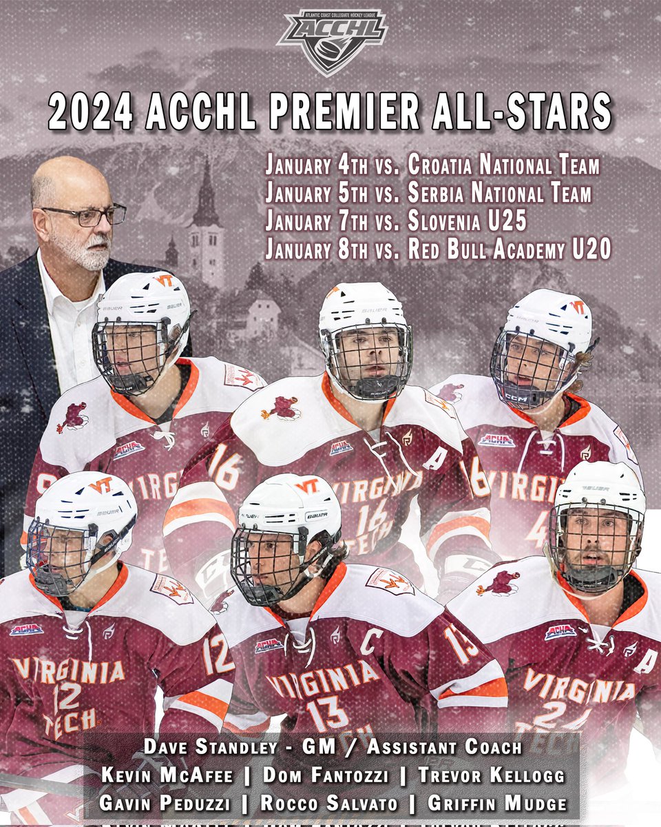 Croatia/Slovenia/Austria-bound!  

Six members of our team, plus Assistant Coach Dave Standley, have been selected to head to Europe over Winter break as part of the ACCHL Premier All-Star team.

Good luck, boys!!
.
#vthockey #acchl #achamensd2 #gokies🏒