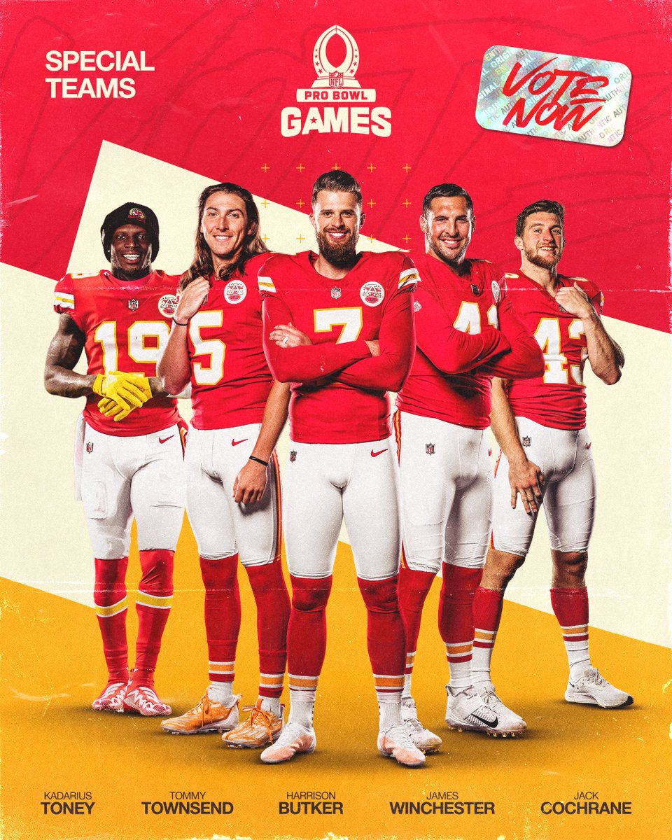 Kansas City Chiefs (@chiefs) on Twitter photo RT to get the specialist squad to the Pro Bowl‼️
#ProBowlVote + <a href="/buttkicker7/">Harrison Butker</a>
#ProBowlVote + <a href="/tommy_townsend/">Tommy Townsend</a>
#ProBowlVote + <a href="/J_Winchester41/">James Winchester</a>
#ProBowlVote + Jack Cochrane
#ProBowlVote + Kadarius Toney RT to get the specialist squad to the Pro Bowl‼️
#ProBowlVote + <a href="/buttkicker7/">Harrison Butker</a>
#ProBowlVote + <a href="/tommy_townsend/">Tommy Townsend</a>
#ProBowlVote + <a href="/J_Winchester41/">James Winchester</a>
#ProBowlVote + Jack Cochrane
#ProBowlVote + Kadarius Toney