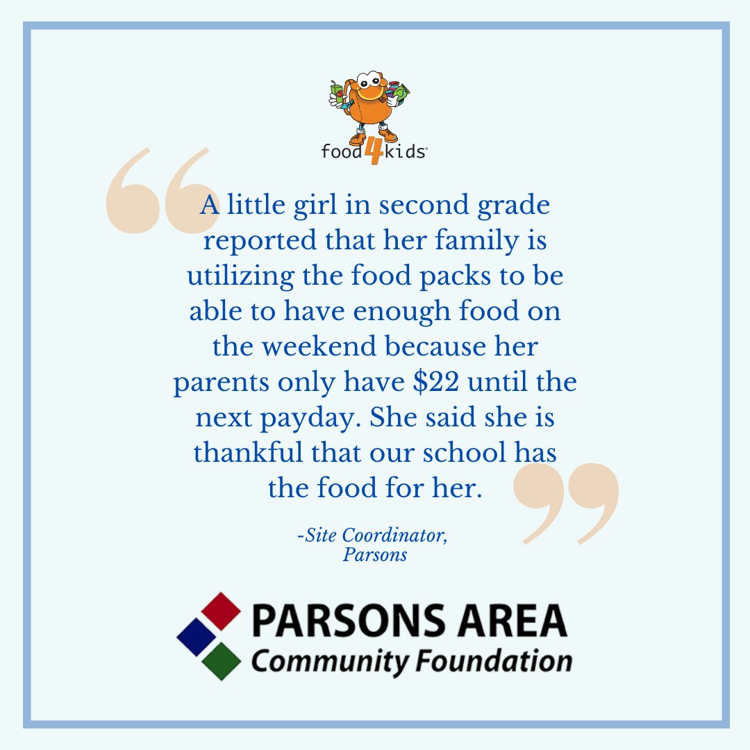 We are proud to announce we received $5,000 from <a href="/ParsonsArea/">Parsons Area Community Foundation</a> for the #Food4Kids program in Labette County for the 2023-24 school year.  The program is active in 8 schools in Labette County, and have supplied 3,120 (15,600 meals) F4K packets to 211 kids this fall. Thank you!