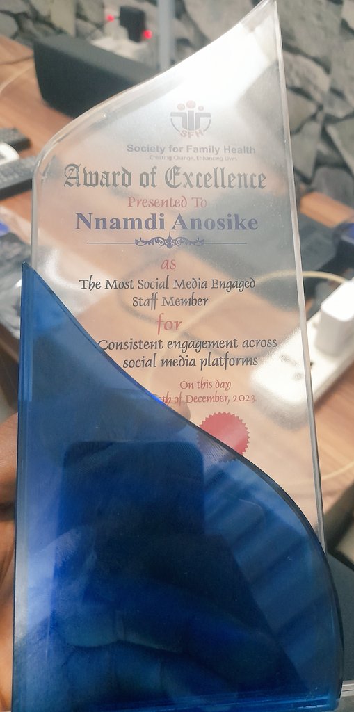 'Honoured to receive the Most Social Media Engaged Staff Award at @SFHNigeria.

🏆 I am grateful for the recognition and proud to be part of a team that values connection and engagement. 

Here's to more moments of collaboration and impact in the coming year! #TeamSFH #Gratitude