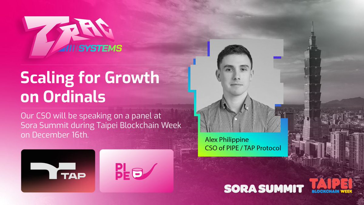 Alex Philippine (CSO) of @tap_protocol and @PipeBtc speaking at #SoraSummit2023 #TBW2023 

On  panel with @animocabrands, @xverseApp
and Open Ordinals Institute.

@rodarmor and crypto industry pioneer @brian_armstrong other notable names.

Lots of big news coming soon.