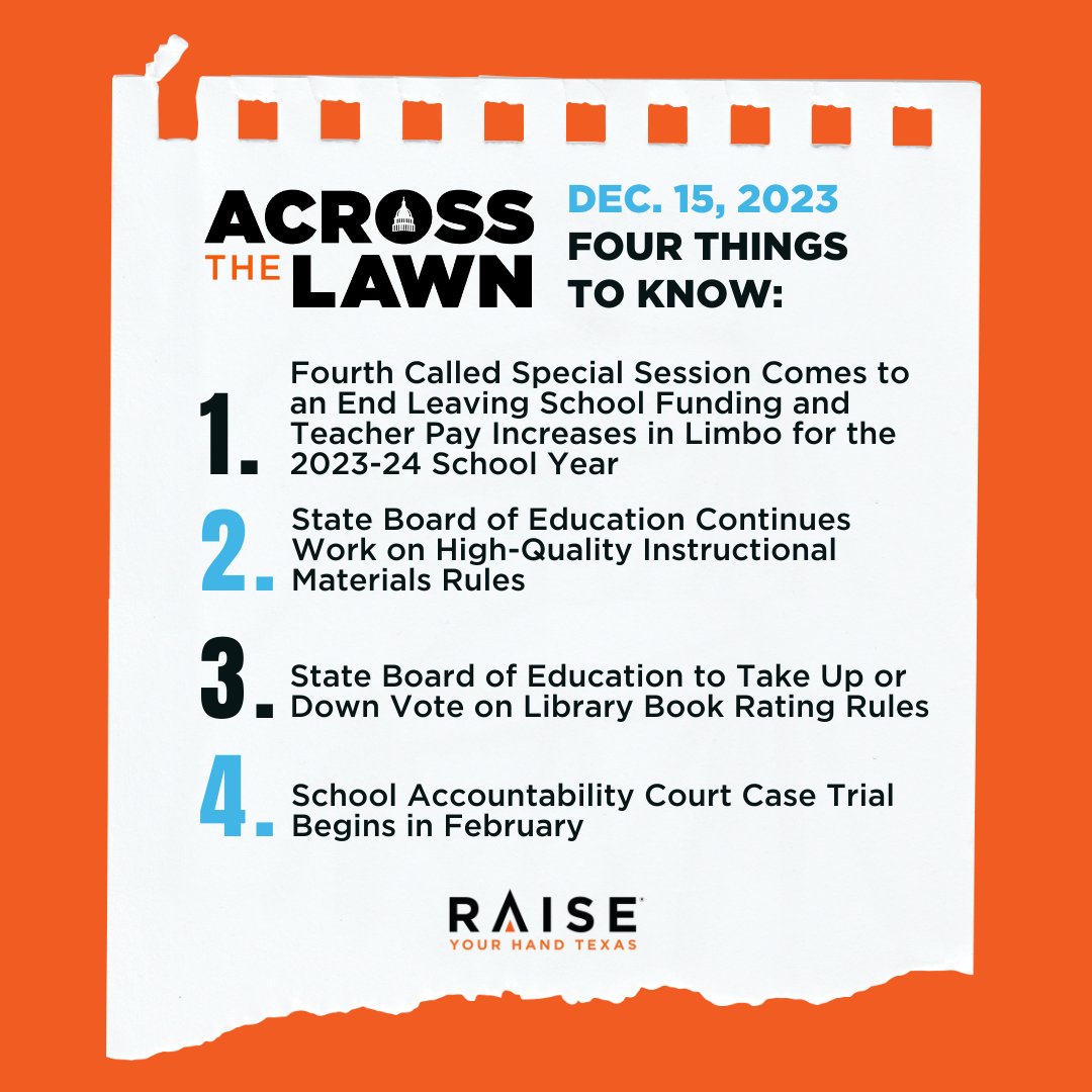 RYHTexas's tweet image. The fourth special session ends, with teacher raises hanging in limbo. The #SBOE digs into curriculum and library books, and the school accountability case goes to trial soon. Read the full blog at raiseyourhandtexas.org/across-the-law… 
#TxEd #TxLege #FourthSpecialSession