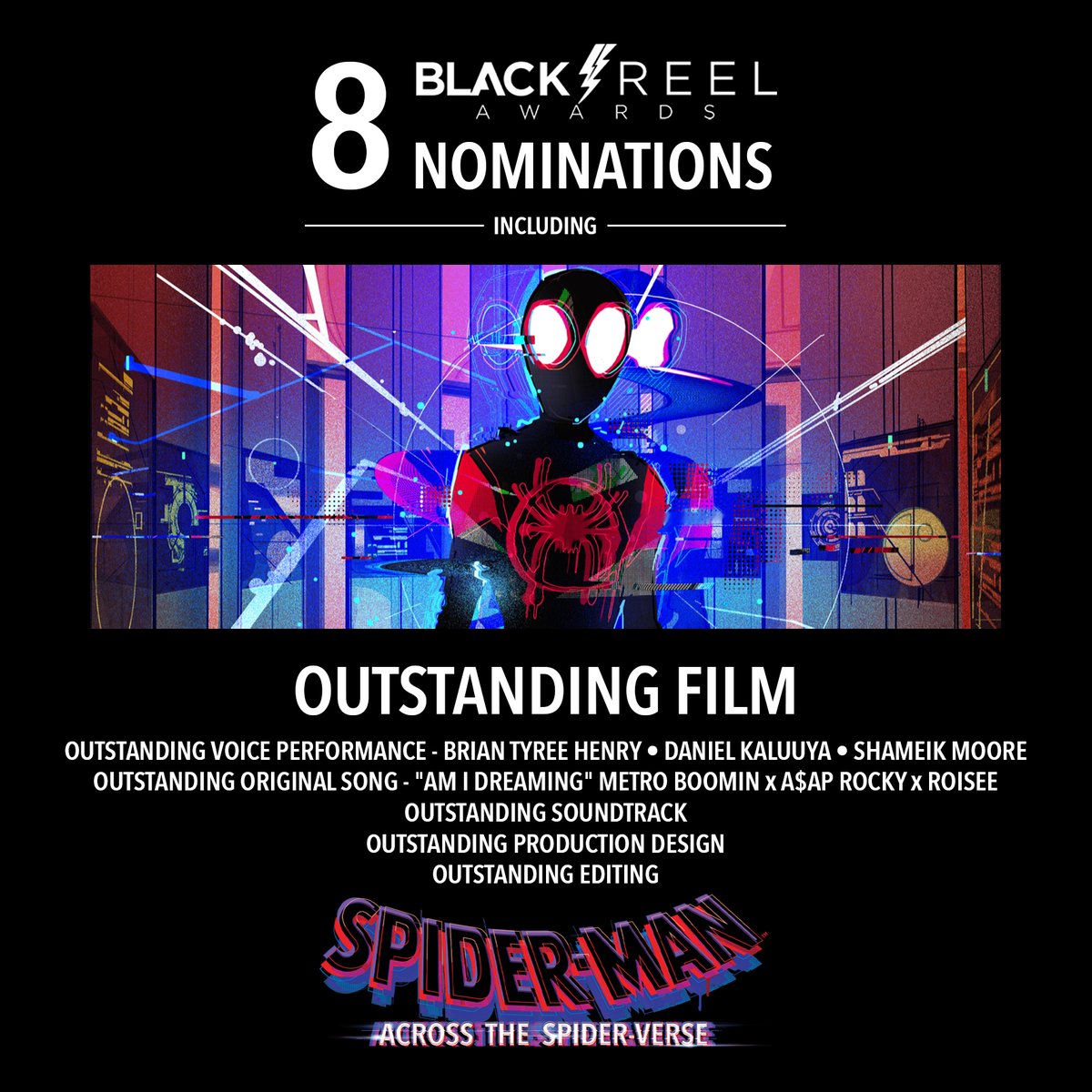 Thank you, @BlackReelAwards, for honoring Spider-Man: Across the #SpiderVerse with 8 nominations, including Outstanding Film, Voice Performances, Song, Soundtrack, Editing, and Production Design.