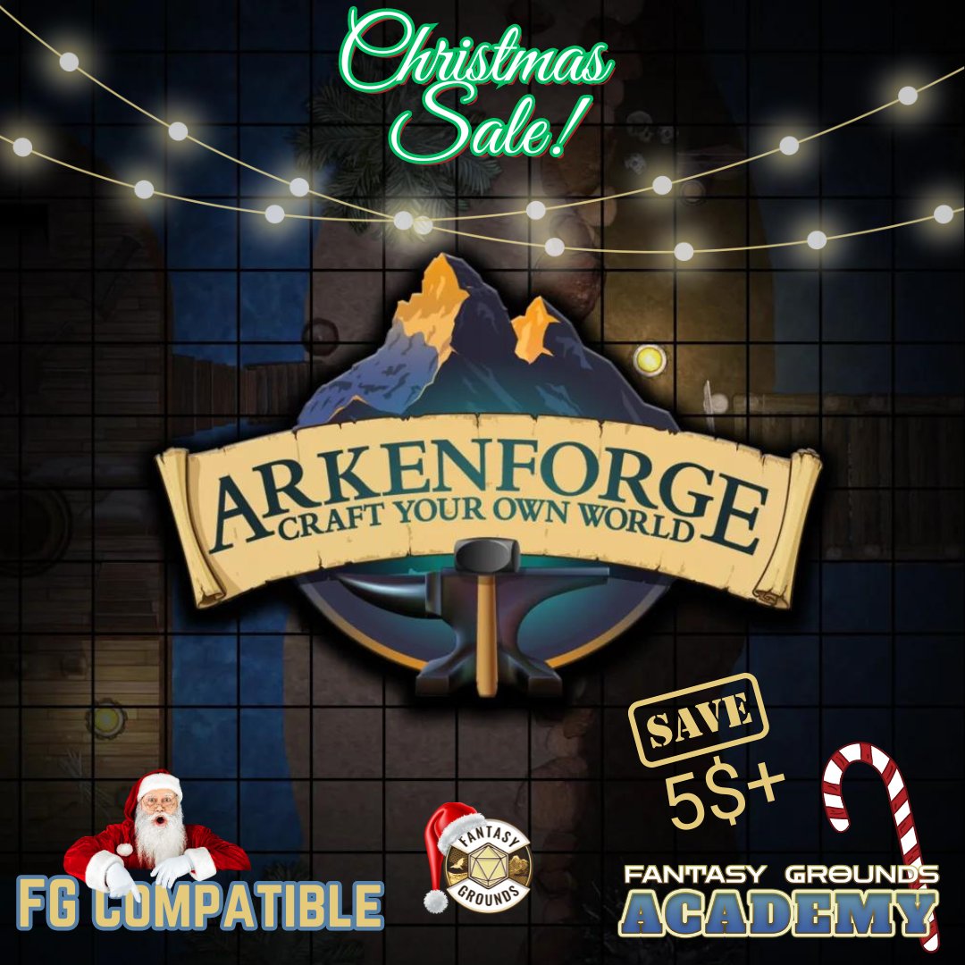 FGACommunity's tweet photo. 🌟 Christmas Sale at Arkenforge! Map App🌟 
Use code: fga2afmaps1 for $5 off &amp; support FG Academy. 
Explore @Arkenforge Maps with WebM &amp; @FantasyGrounds2 export features. 
Ideal for #DnD, #vttrpg, &amp; #gamemaster 
Don't miss out: https://t.co/4BoA3kZAJE
#holidays #RPGtools #rpg https://t.co/RKnDZ8aXVD